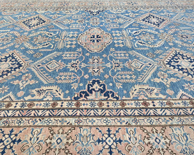 Alfombra afgana Kazak azul de lana geométrica anudada a mano de 2,7 x 3,6 m