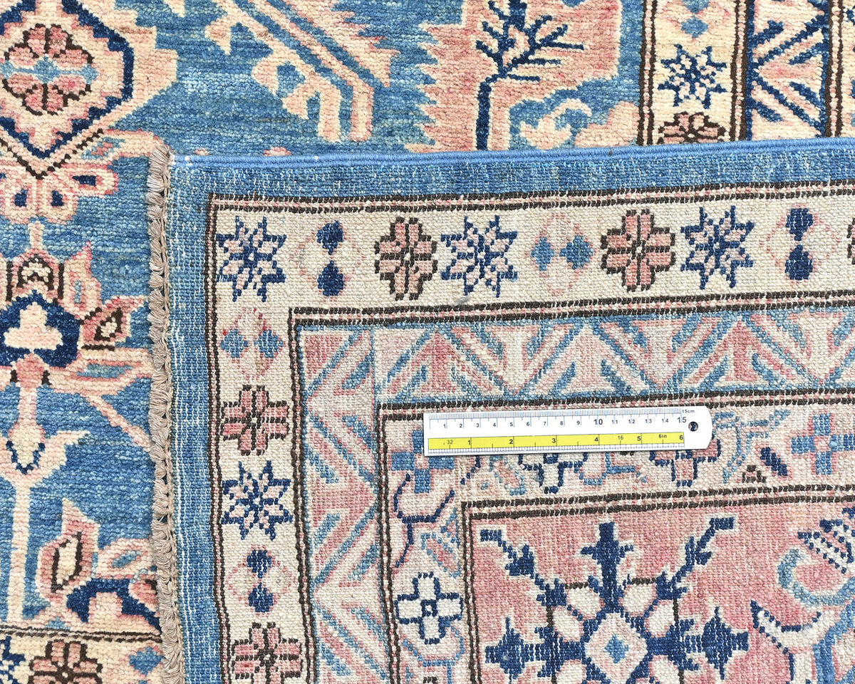 Alfombra afgana Kazak azul de lana geométrica anudada a mano de 2,7 x 3,6 m