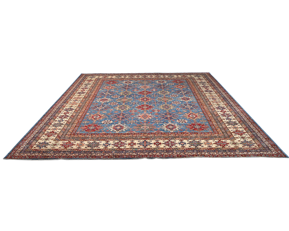 Alfombra cuadrada de lana anudada a mano, color azul Kazak, de 13 x 13 pulgadas