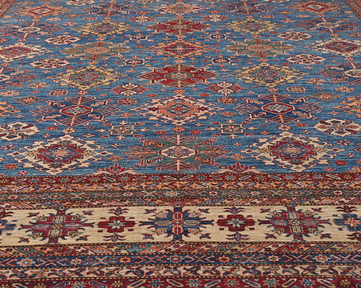 Alfombra cuadrada de lana anudada a mano, color azul Kazak, de 13 x 13 pulgadas