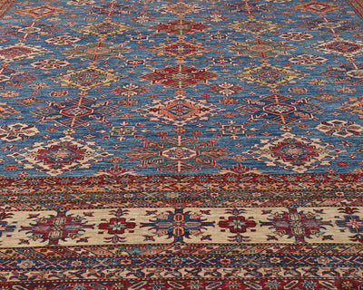 Alfombra cuadrada de lana anudada a mano, color azul Kazak, de 13 x 13 pulgadas