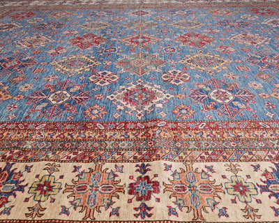 Alfombra cuadrada de lana anudada a mano, color azul Kazak, de 13 x 13 pulgadas