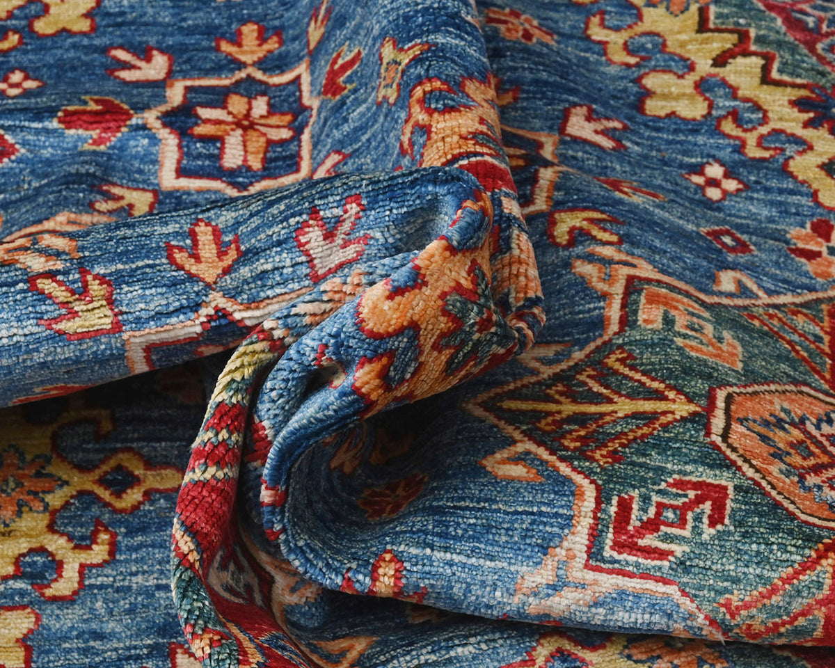 Alfombra cuadrada de lana anudada a mano, color azul Kazak, de 13 x 13 pulgadas