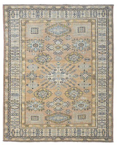 6x8 Kazak Golden Brown Afghan Hand Knotted Geometric Wool Area Rug