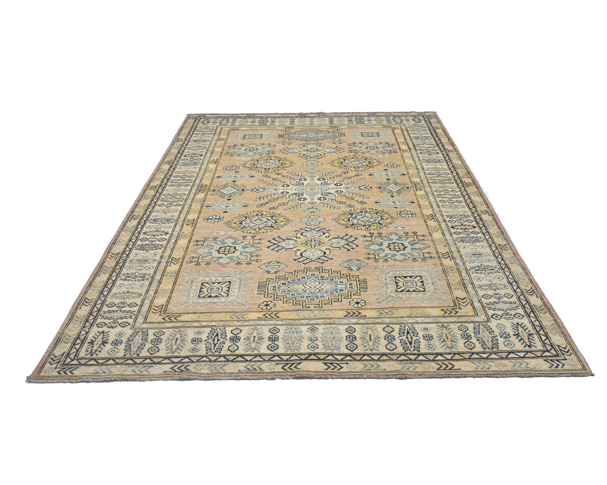 6x8 Kazak Golden Brown Afghan Hand Knotted Geometric Wool Area Rug
