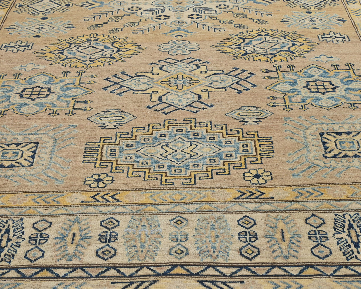 6x8 Kazak Golden Brown Afghan Hand Knotted Geometric Wool Area Rug