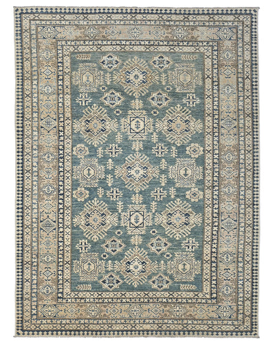 Alfombra de lana geométrica anudada a mano, color verde kazajo, de 6 x 8 pulgadas, afgana