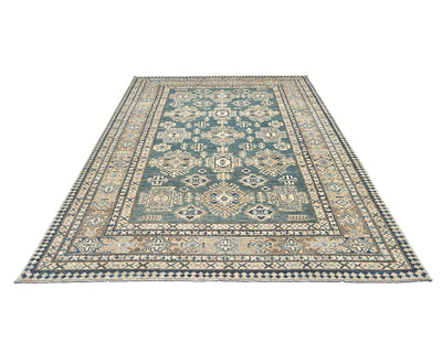 Alfombra de lana geométrica anudada a mano, color verde kazajo, de 6 x 8 pulgadas, afgana