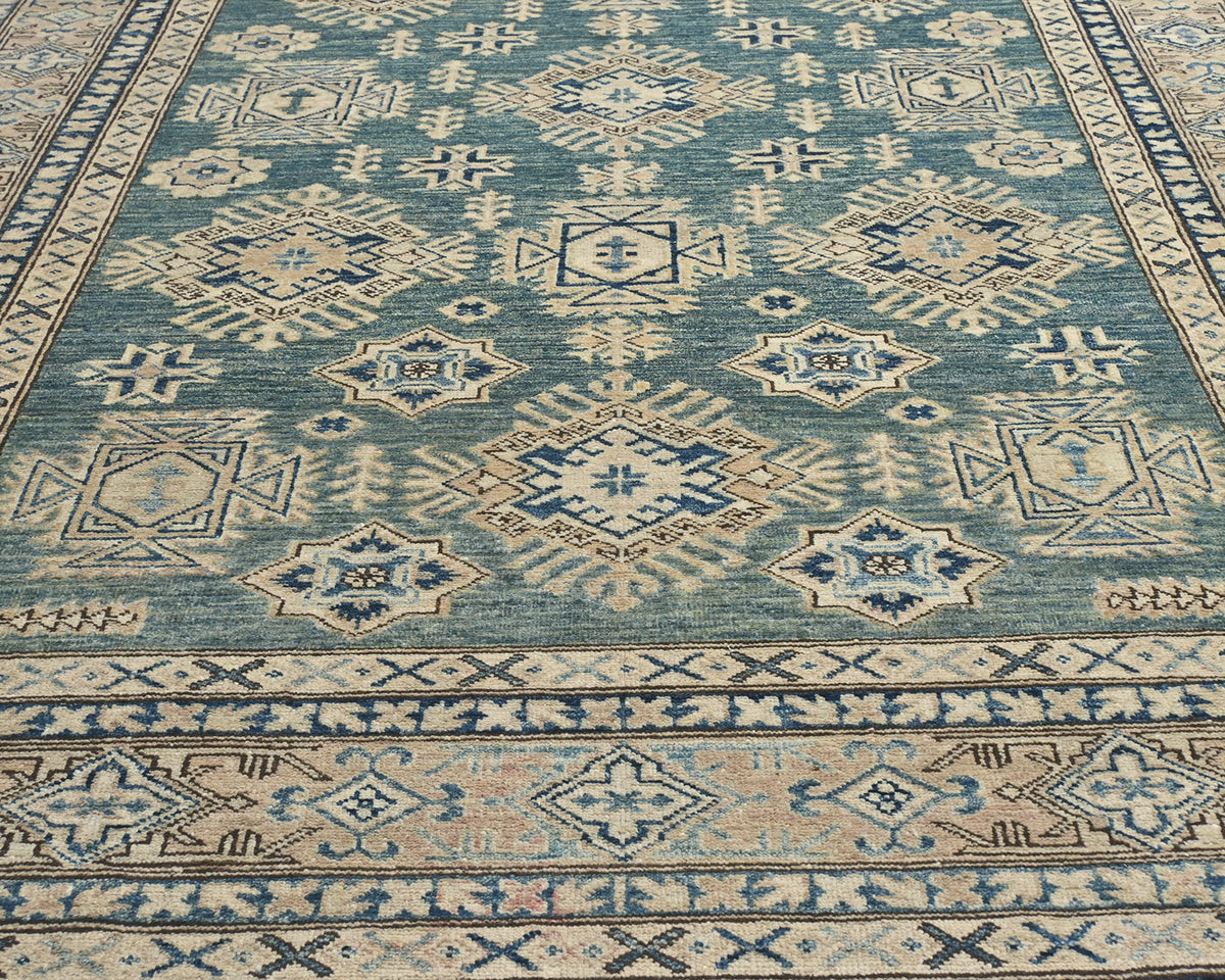 Alfombra de lana geométrica anudada a mano, color verde kazajo, de 6 x 8 pulgadas, afgana