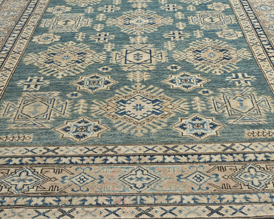 Alfombra de lana geométrica anudada a mano, color verde kazajo, de 6 x 8 pulgadas, afgana