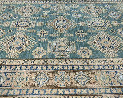 Alfombra de lana geométrica anudada a mano, color verde kazajo, de 6 x 8 pulgadas, afgana