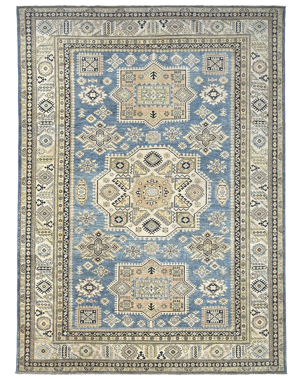8x11 Ft Blue Kazak Afghan Hand Knotted Geometric Wool Area Rug