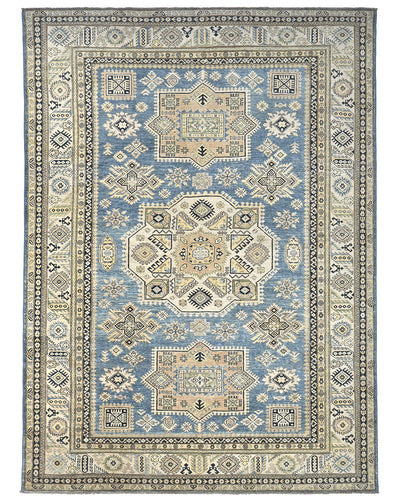 8x11 Ft Blue Kazak Afghan Hand Knotted Geometric Wool Area Rug