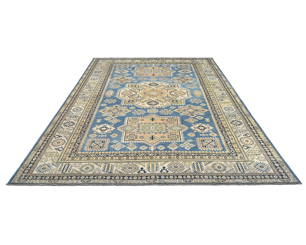 8x11 Ft Blue Kazak Afghan Hand Knotted Geometric Wool Area Rug
