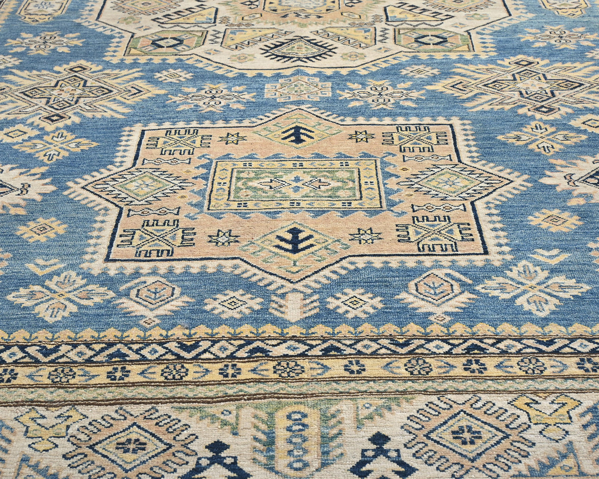 8x11 Ft Blue Kazak Afghan Hand Knotted Geometric Wool Area Rug