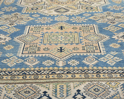 8x11 Ft Blue Kazak Afghan Hand Knotted Geometric Wool Area Rug