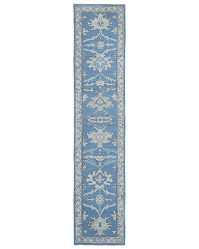 Blue 12 Ft Oushak Turkish Hand Knotted Traditional Soft Wool Runner Rug