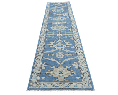 Blue 12 Ft Oushak Turkish Hand Knotted Traditional Soft Wool Runner Rug