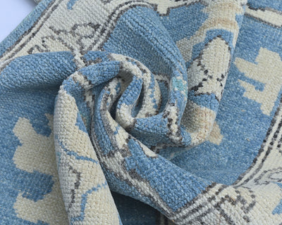Blue 12 Ft Oushak Turkish Hand Knotted Traditional Soft Wool Runner Rug