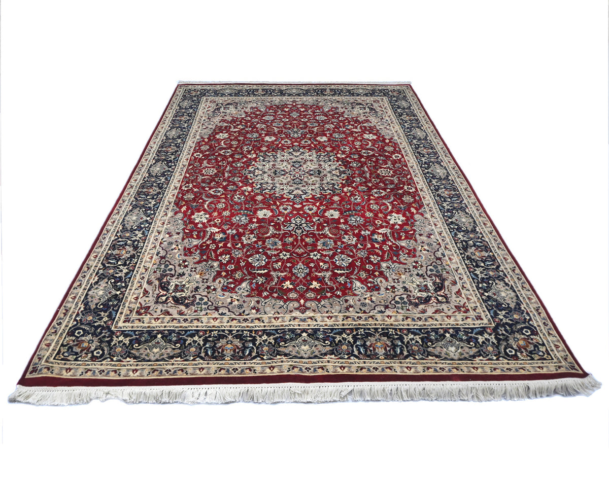 Alfombra de lana anudada a mano, estilo persa oriental, floral, color rojo, 6x9