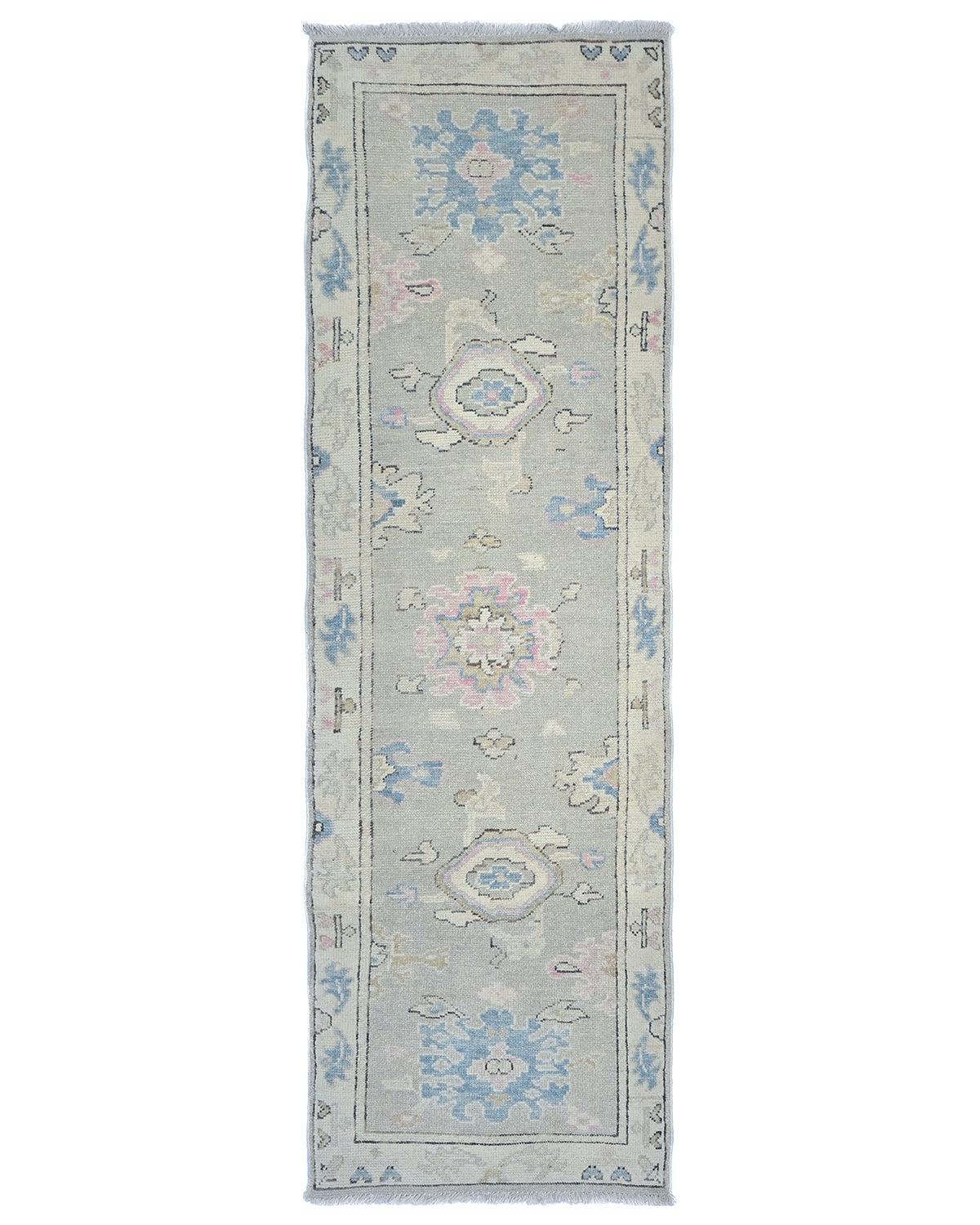 8 Ft Silver Gray Oushak Turkish Hand Knotted Traditional Soft Wool Runner Rug