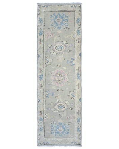 8 Ft Silver Gray Oushak Turkish Hand Knotted Traditional Soft Wool Runner Rug