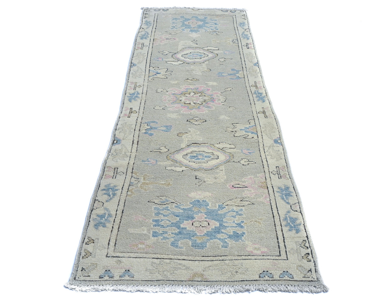 8 Ft Silver Gray Oushak Turkish Hand Knotted Traditional Soft Wool Runner Rug