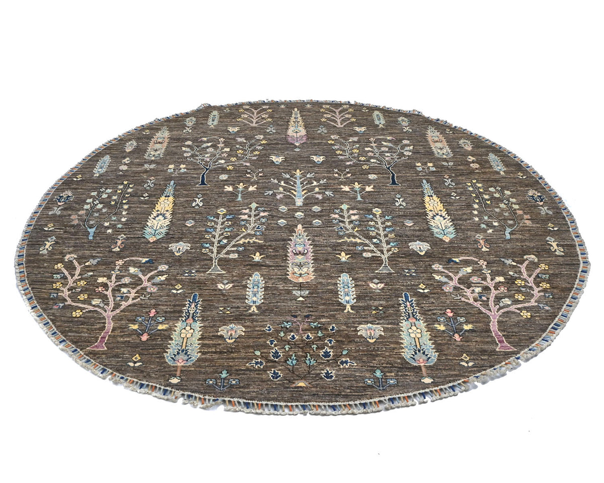 Alfombra redonda de lana anudada a mano, color marrón y gris Khurgeen, de 8 x 8 pulgadas