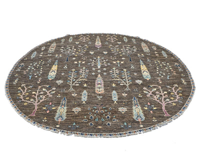 Alfombra redonda de lana anudada a mano, color marrón y gris Khurgeen, de 8 x 8 pulgadas