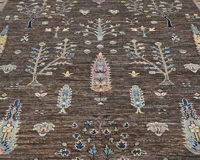 Alfombra redonda de lana anudada a mano, color marrón y gris Khurgeen, de 8 x 8 pulgadas