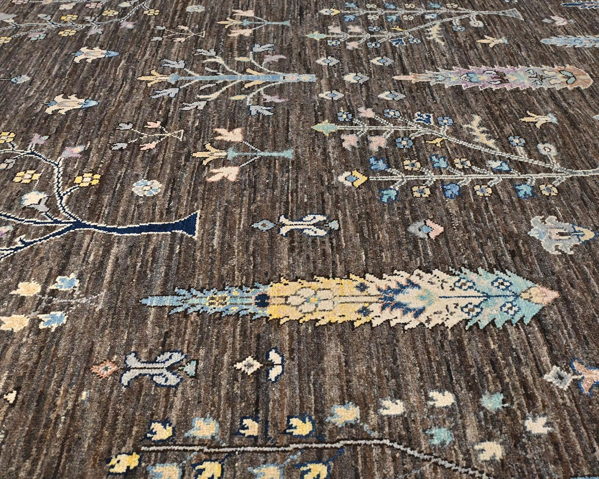 Alfombra redonda de lana anudada a mano, color marrón y gris Khurgeen, de 8 x 8 pulgadas