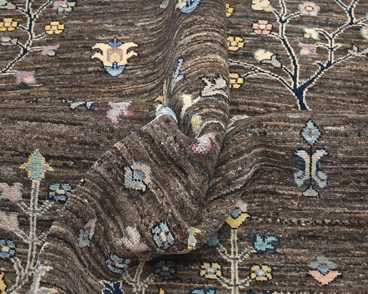 Alfombra redonda de lana anudada a mano, color marrón y gris Khurgeen, de 8 x 8 pulgadas