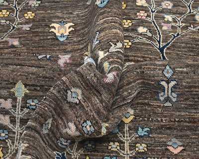Alfombra redonda de lana anudada a mano, color marrón y gris Khurgeen, de 8 x 8 pulgadas