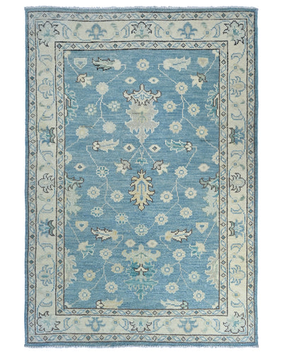 Blue 4x6 Ft Oushak Turkish Handmade Floral Traditional Veg Dye Wool Rug