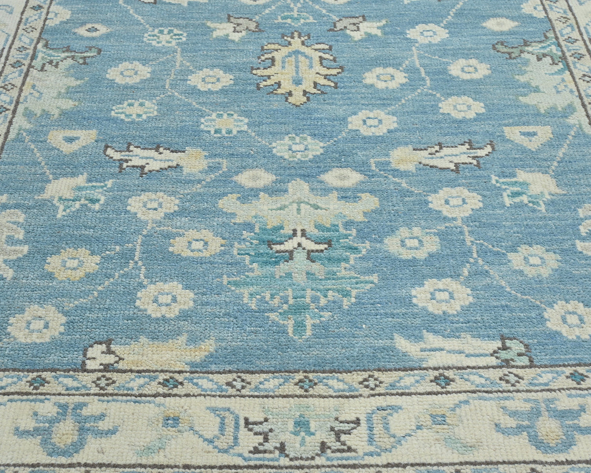 Blue 4x6 Ft Oushak Turkish Handmade Floral Traditional Veg Dye Wool Rug
