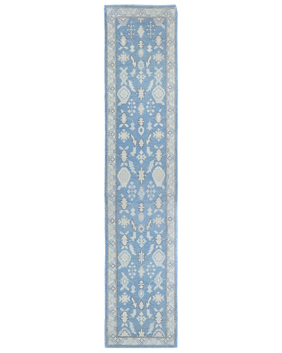 12 Feet Blue Oushak Turkish Hand Knotted Traditional Soft Wool Runner Rug