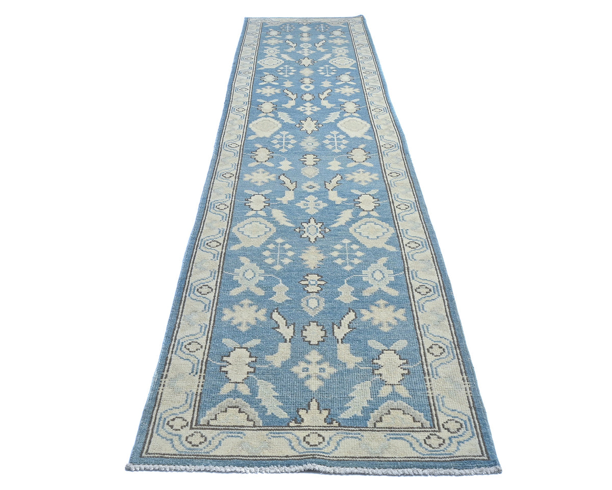 12 Feet Blue Oushak Turkish Hand Knotted Traditional Soft Wool Runner Rug