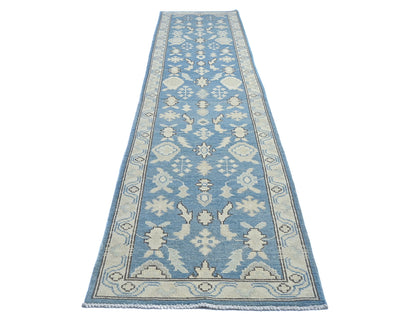 12 Feet Blue Oushak Turkish Hand Knotted Traditional Soft Wool Runner Rug