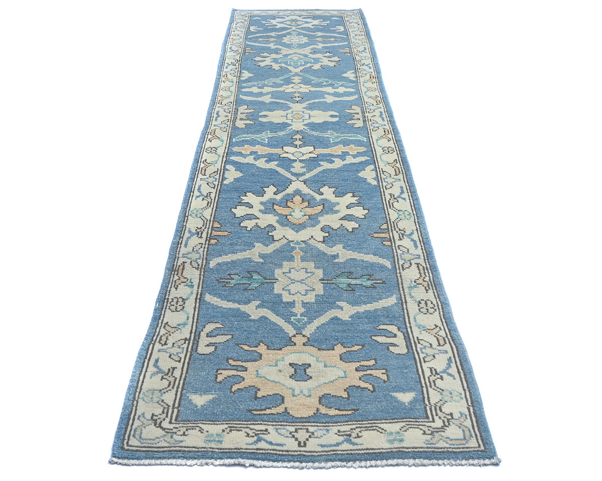 Blue 10 Ft Oushak Turkish Handmade Traditional Soft Wool Runner Rug