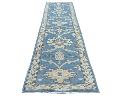 Blue 10 Ft Oushak Turkish Handmade Traditional Soft Wool Runner Rug
