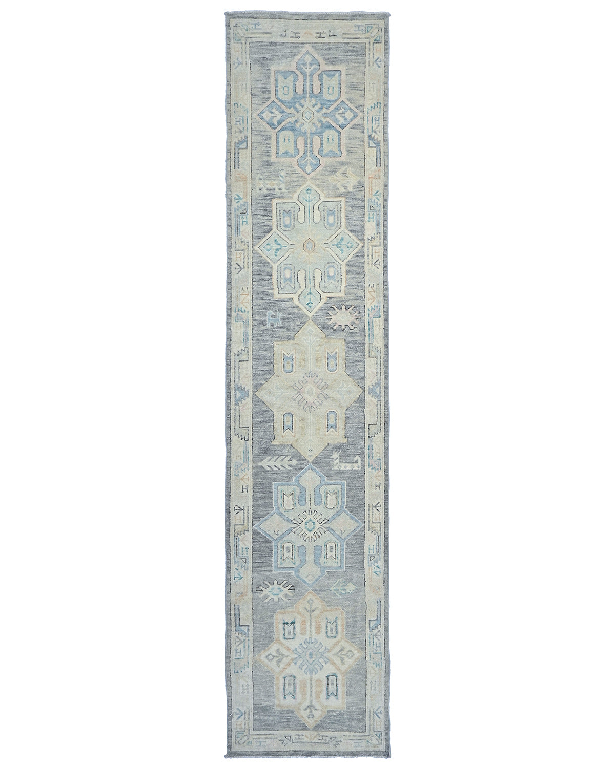 12 Ft Gray Oushak Turkish Hand Knotted Geometric Traditional Soft Wool Runner Rug