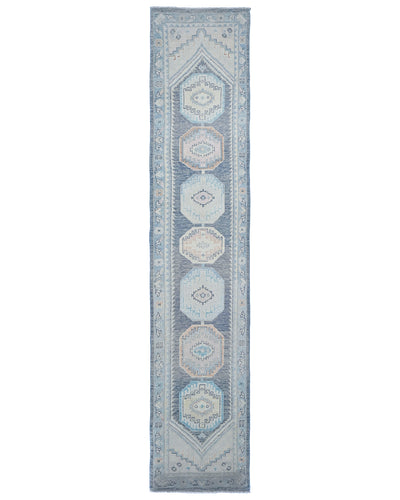 13 Ft Blue Oushak Turkish Hand Knotted Geometric Traditional Soft Wool Runner Rug