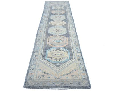 13 Ft Blue Oushak Turkish Hand Knotted Geometric Traditional Soft Wool Runner Rug