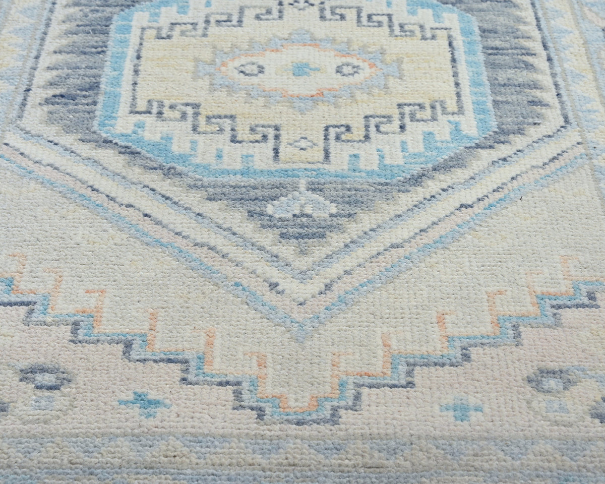 13 Ft Blue Oushak Turkish Hand Knotted Geometric Traditional Soft Wool Runner Rug