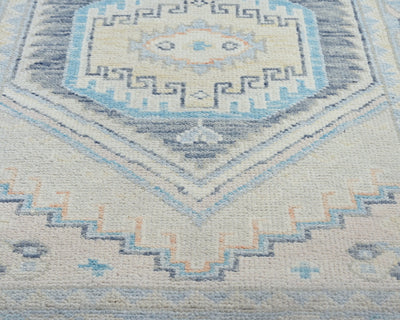13 Ft Blue Oushak Turkish Hand Knotted Geometric Traditional Soft Wool Runner Rug