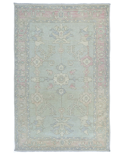 Muted Blue 4x6 Oushak Turkish Hand Knotted Floral Traditional Soft Wool Area Rug