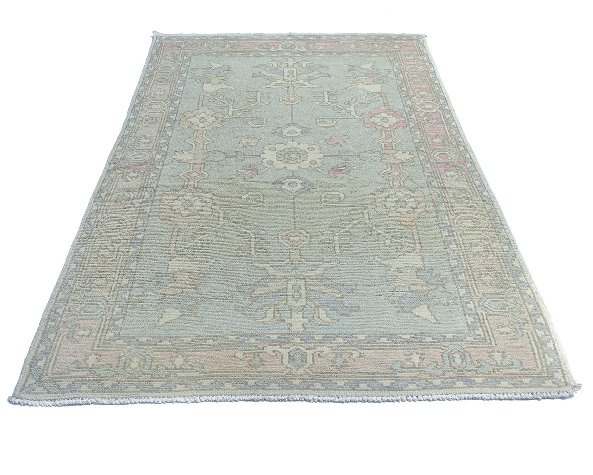 Muted Blue 4x6 Oushak Turkish Hand Knotted Floral Traditional Soft Wool Area Rug