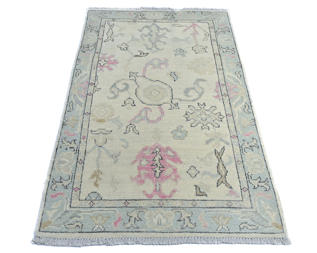 Beige 3x5 Ft Oushak Turkish Hand Knotted Floral Traditional Veg Dye Wool Rug