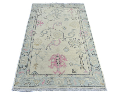 Beige 3x5 Ft Oushak Turkish Hand Knotted Floral Traditional Veg Dye Wool Rug