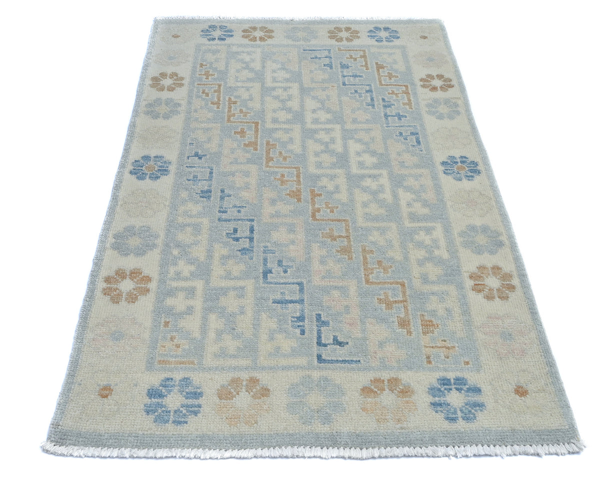 3x5 Oushak Gray Turkish Handmade Geometric Veg Dye Wool Rug